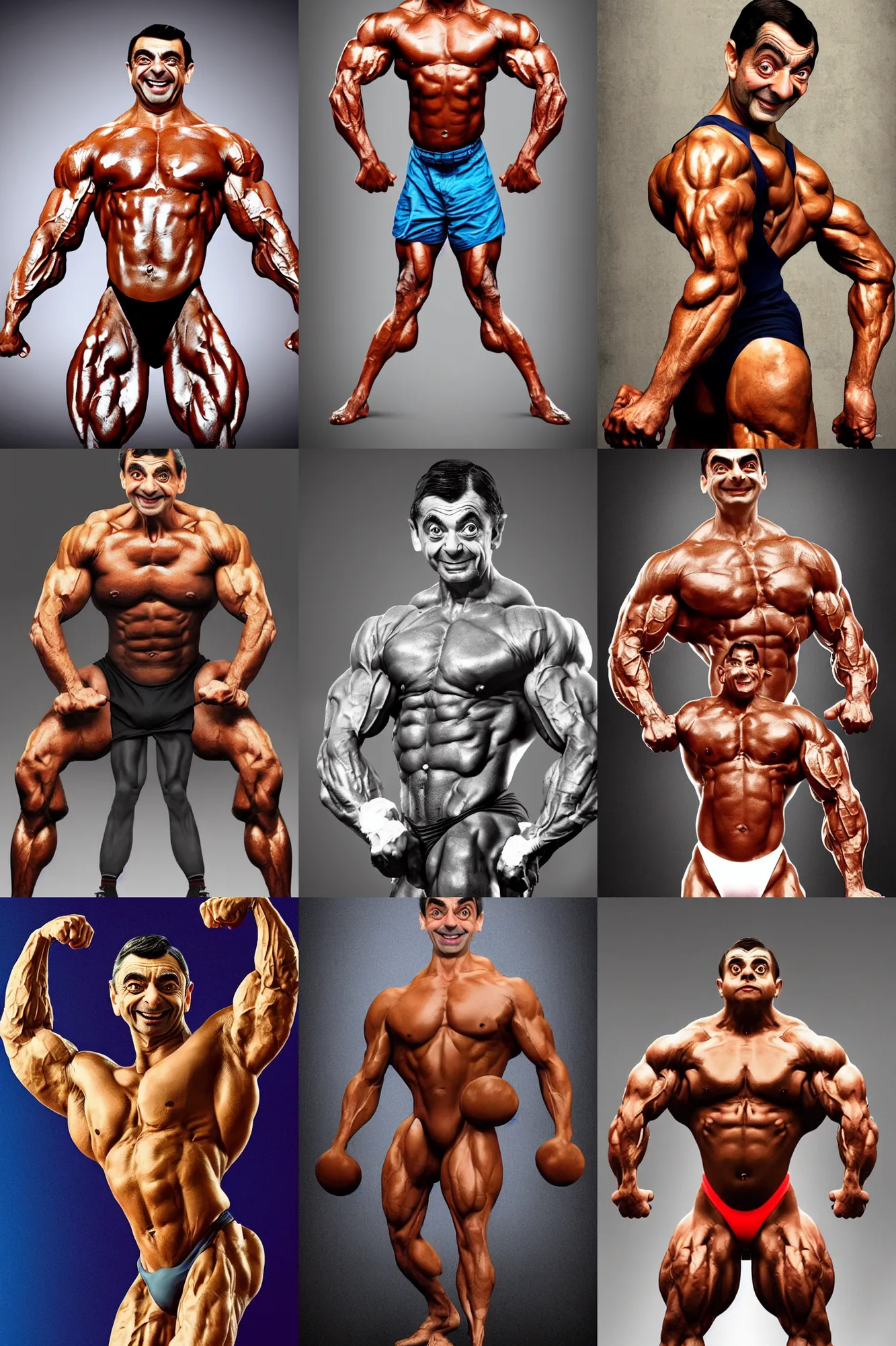 Prompt: a beautiful portrait of mr. bean mr. bean as a bodybuilder in a bodybuilding competition, bodybuilder, hyper realistic, digital art, 4k, detailed