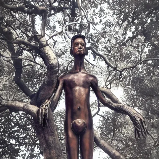 Image similar to a human man statue stuck in a cosmic tree, a sense of awe, amazement, monogon, plasma display, wooden, silver, mercury, damascus, armature wire, multiscopy, morph, in a symbolic and meaningful style, insanely detailed and intricate, hypermaximalist, elegant, ornate, hyper realistic, super detailed,