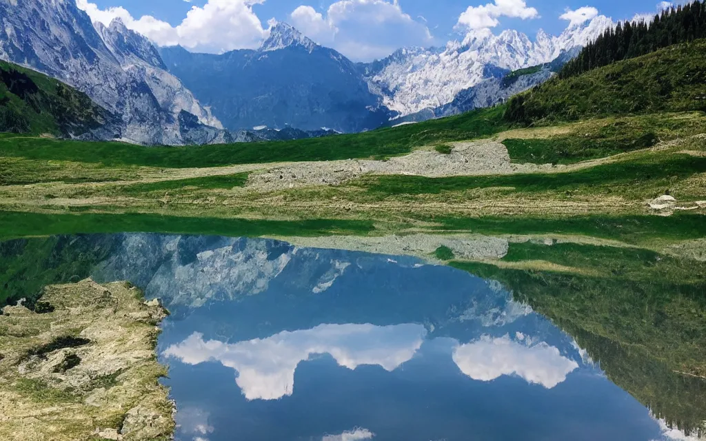 Image similar to the alps and reflection in a lake in the style of georgia o keefe