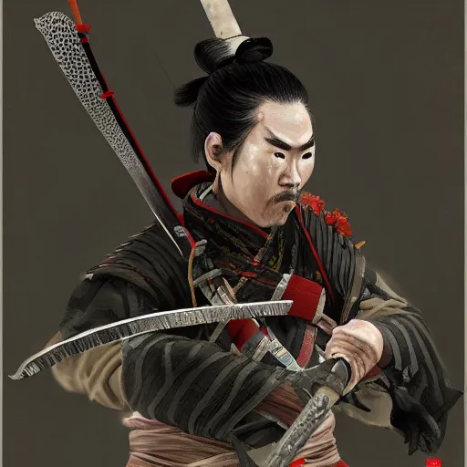 Image similar to Portrait of Sickly diseased dying Samurai warrior wielding a katana, by Feng Zhu, highly detailed, excellent composition, cinematic concept art, dramatic lighting, trending on ArtStation