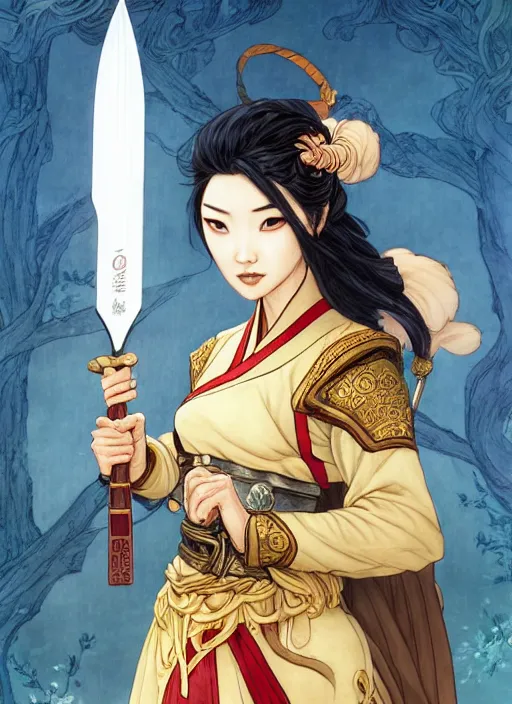 Prompt: a portrait of beautiful arden cho chef character with a radiant sword in her right hand in a fighting stance by rebecca guay and ross tran and jason chan, sharp focus, detailed, cinematic, hanbok apron, 4 k, symmetrical face