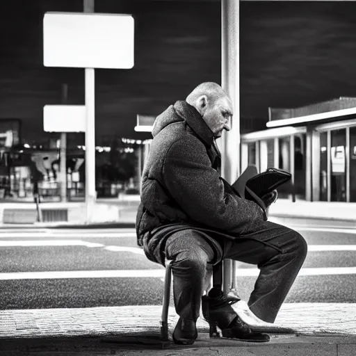 Image similar to the man waiting on bus station, he is angry because the driver didn't stop, he's tired after all day work, with many negative emotions inside his head, hyper detailed, realistic photography, 4k,