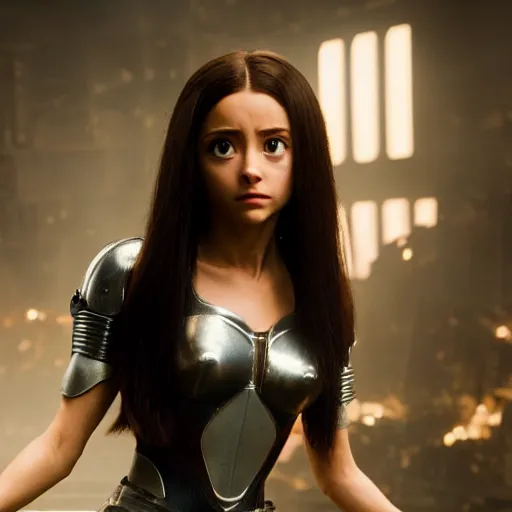 Image similar to cinematic still of ariana grande in alita : battle angel ( 2 0 1 9 ), xf iq 4, f / 1. 4, iso 2 0 0, 1 / 1 6 0 s, 8 k, raw, dramatic lighting, symmetrical balance, in - frame