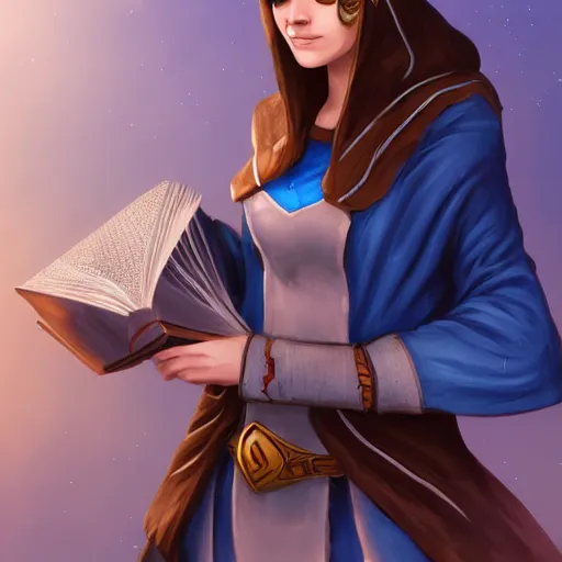Prompt: A female wizard with brown hair wearing a blue hood and blue robe holding a book, fantasy setting, concept art, professional digital painting, extremely detailed, trending on artstation