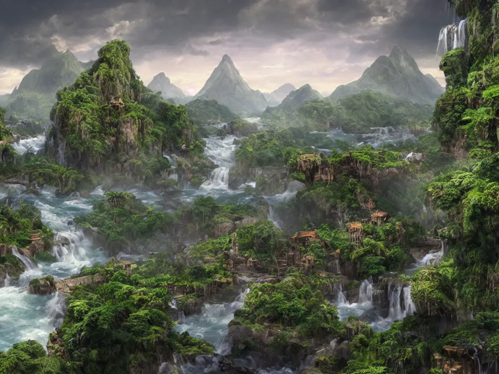 Prompt: Fantasy world with mountains in the background and waterfall with river on the bottom, on the right dense jungle forest, on the left ancient city with many bridges, highly detailed, matte painting, wide lens, overcast sky, ultra realistic, 4k, 8k resolution, trending on artstation, octane render, unreal engine, cinematic