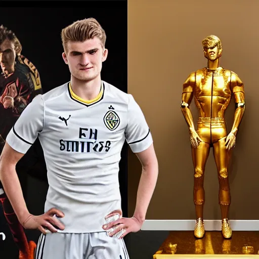 Image similar to a realistic detailed photo of a guy who is an attractive humanoid who is half robot and half humanoid, who is a male android, soccer players martin ødegaard & timo werner, shiny skin, posing like a statue, blank stare, in a living room, on display, showing off his muscles, gold soccer shorts, no jersey, statue, many copies of them