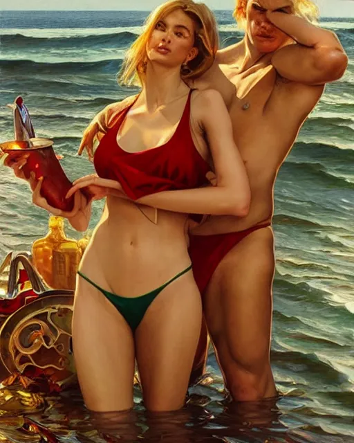 Image similar to Portrait of male model & a blonde woman wearing a green & red bikini cooking sardines in Porto,real life skin, intricate, elegant, highly detailed, artstation, concept art, smooth, sharp focus, art by artgerm and greg rutkowski and alphonse mucha
