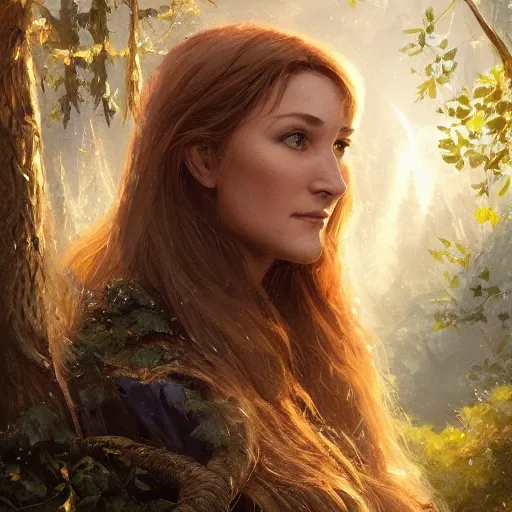 Prompt: closeup portrait of a young jane seymour as a wizard casting magic, forest background, megacity, high fantasy, dramatic light, gorgeous view, depth, high detail, digital art, painted by greg rutkowski, trending on artstation