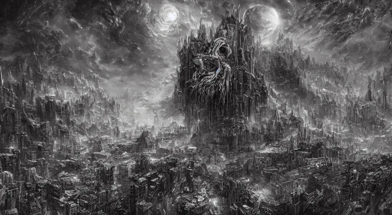Image similar to a cosmic horror monster devouring an entire city, large scale, eerie, mixed media, digital art, trending on artstation, 8k, epic composition, highly detailed, AAA graphics