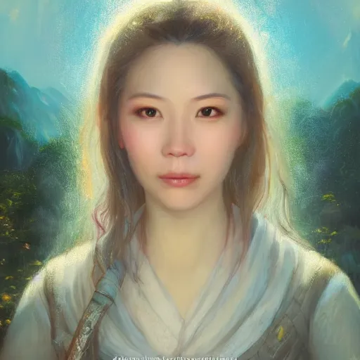 Image similar to portrait of an amis woman ( 3 5 ) from taiwan in 2 0 2 1, an oil painting by ross tran and thomas kincade