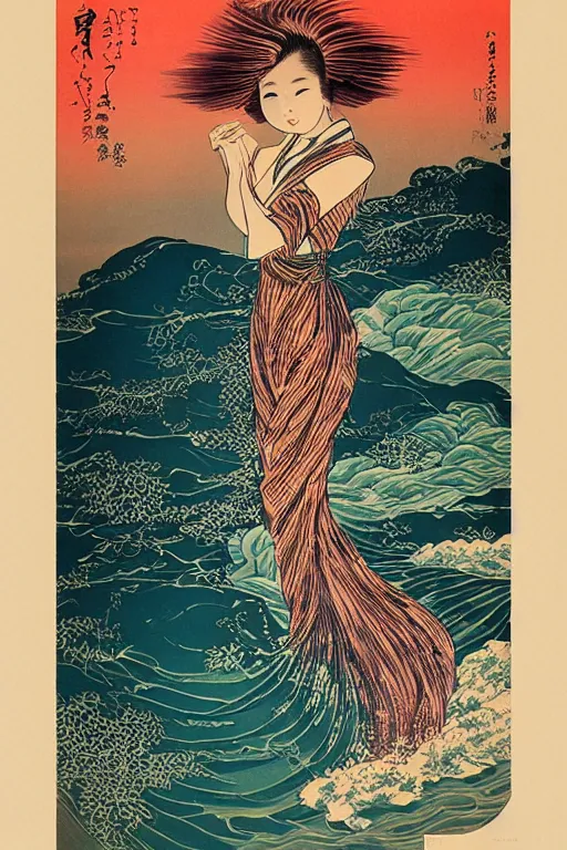 Image similar to Beautiful vintage Japanese poster woman with water as hair flowing down a river, 10% surreal, risograph poster, beautiful colors, deep meaning, Intricate image, moving