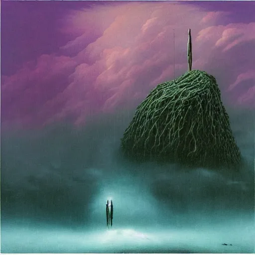 Prompt: anime made by zdzisław beksinski, album cover, thunderstorm in the background, rain, clouds on the side