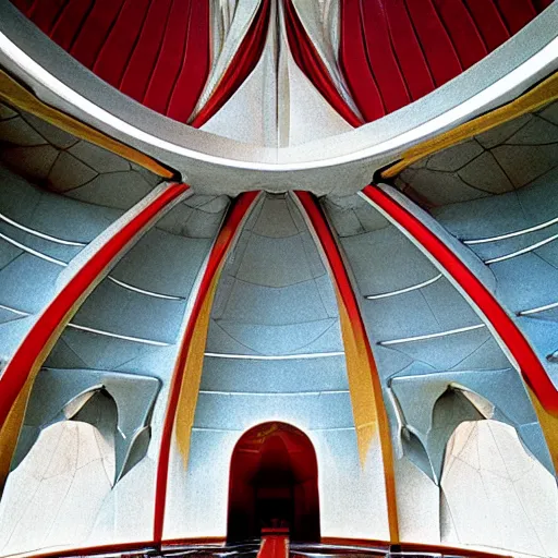 Image similar to interior of a futuristic lotus temple with gold, red and white marble panels, in the desert, by buckminster fuller and syd mead, intricate contemporary architecture, photo journalism, photography, cinematic, national geographic photoshoot