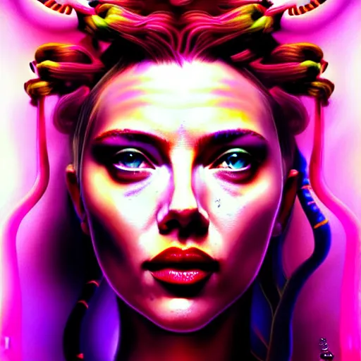 Image similar to an extremely psychedelic portrait of scarlett johanson as medusa, surreal, lsd, face, detailed, intricate, elegant, lithe, highly detailed, digital painting, artstation, concept art, smooth, sharp focus, illustration