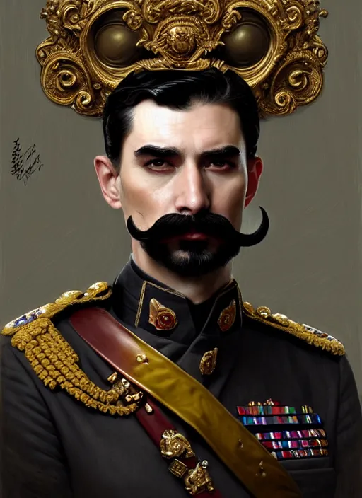 Prompt: portrait of supreme leader bald eye patch, moustache, royalty, extravagant, lord, full body, military uniform, fantasy, intricate, elegant, beautiful, highly detailed, charcoal, centered, dark, smokey, digital painting, artstation, concept art, art by artgerm and greg rutkowski and alphonse mucha