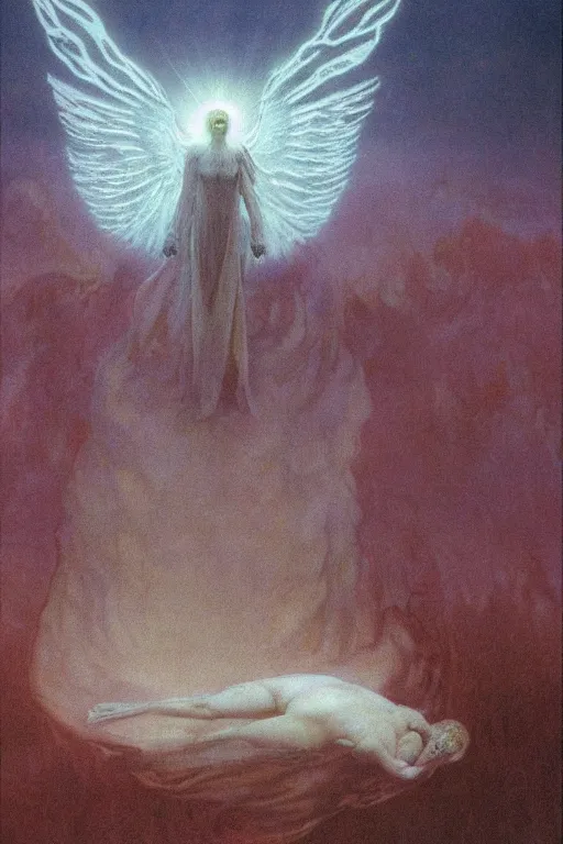 Image similar to giant white glowing angel rising above fallen demon lying on the foggy ground by wayne barlowe, wes anderson, arnold bocklin, roger dean, mikalojus konstantinas ciurlionis, mikhail vrubel and wadim kashin, rich moody colours, 9 0 - s anime, ethereal, lo - fi retro videogame