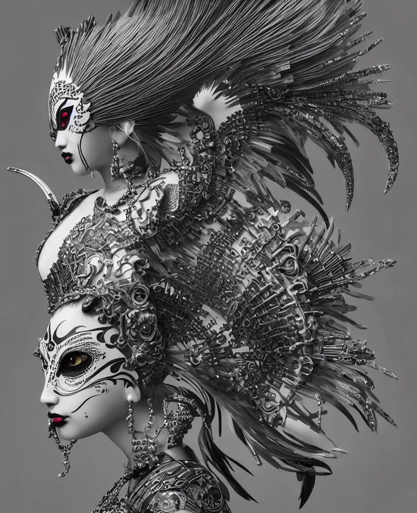 Image similar to 3 d goddess close - up profile portrait punk with mohawk with ram skull. beautiful intricately detailed japanese crow kitsune mask and clasical japanese kimono. betta fish, jellyfish phoenix, bio luminescent, plasma, ice, water, wind, creature, artwork by tooth wu and wlop and beeple and greg rutkowski