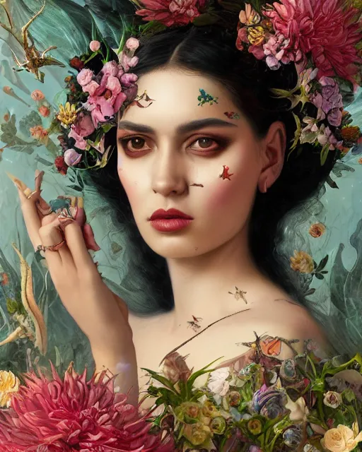 Image similar to portrait of the mexican queen of the underworld, surrounded by flowers by karol bak, james jean, tom bagshaw, rococo, sharp focus, trending on artstation, cinematic lighting, hyper realism, octane render, 8 k, hyper detailed.