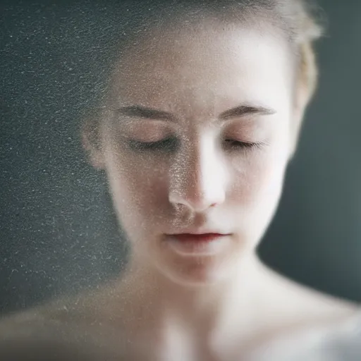 Image similar to photorealistic portrait of a beautiful young woman, very blurry, out of focus, translucent stone white skin, closed eyes, foggy, closeup