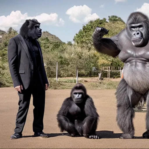 Prompt: Elon Musk angrily discusses with a silverback gorilla about the spaceship design, the spaceship in the background has the shape of a banana, real picture,