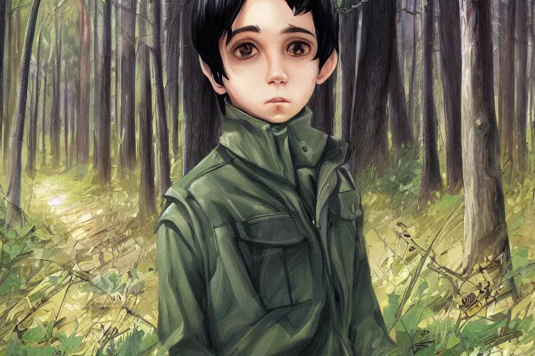 Prompt: a young boy with black hair and green eyes and a highway were standing in a forest by artgerm.