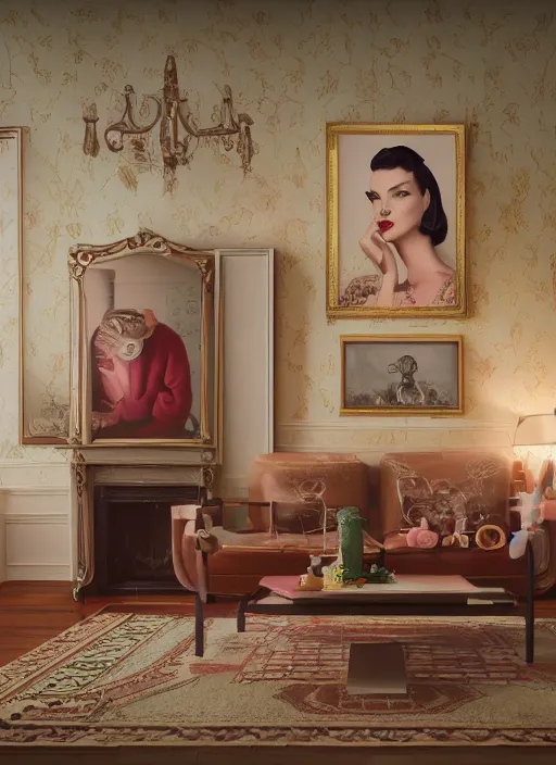 Image similar to wide - angle portrait of a retro 1 9 5 0 s living room, depth of field, zeiss lens, detailed, symmetrical, centered, fashion photoshoot, by nicoletta ceccoli, mark ryden, lostfish, breathtaking, 8 k resolution, extremely detailed, beautiful, establishing shot, artistic, hyperrealistic, octane render