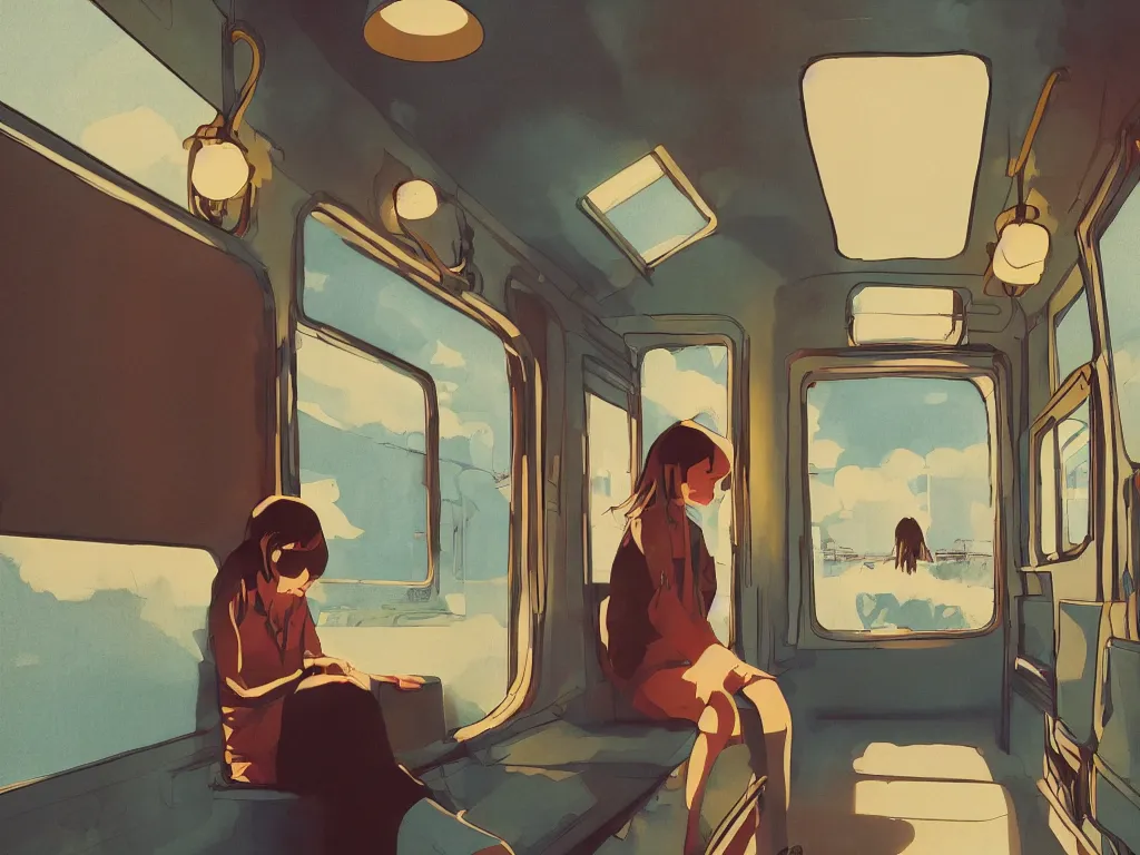 Prompt: lone girl waiting inside a 70s train, dreamy, stanley kubrick the shinning, vibrant colors americana, cinematic, volumetric lighting, god rays, sunset, realistic, detailed, digital art, studio ghibli anime