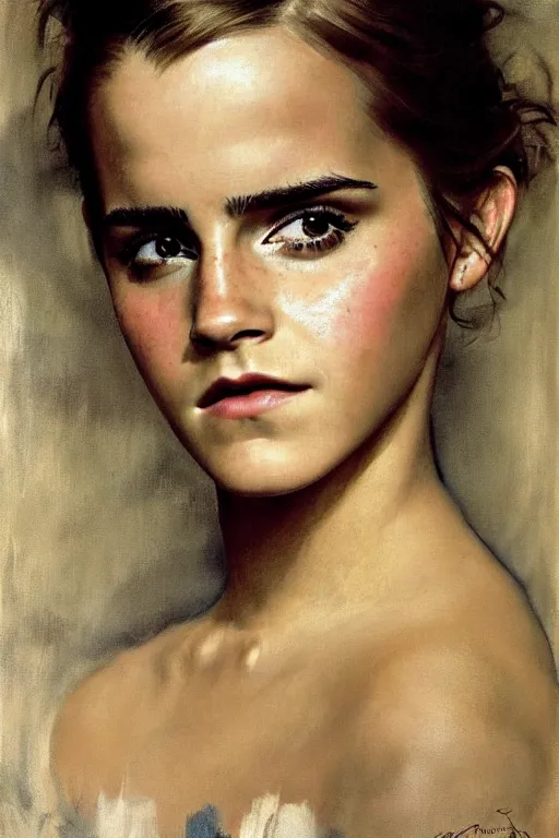 Image similar to emma watson frowning detailed portrait painting by gaston bussiere craig mullins j. c. leyendecker photograph by richard avedon peter lindbergh annie leibovitz