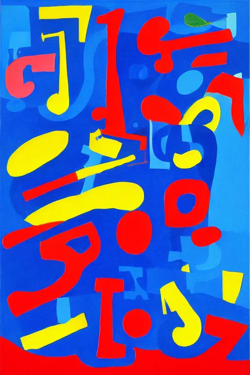 Prompt: Abstract painting representation of jazz musicians, musical notes, the letters J,A,Z, and Z in the style of Stuart Davis colors cobalt blue, ultramarine blue, yellow, red, white, black