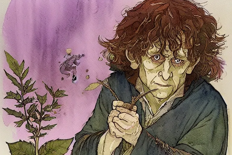 Prompt: a realistic and atmospheric watercolour fantasy character concept art portrait of bilbo baggins with pink eyes freaking out with a pot leaf nearby, by rebecca guay, michael kaluta, charles vess and jean moebius giraud