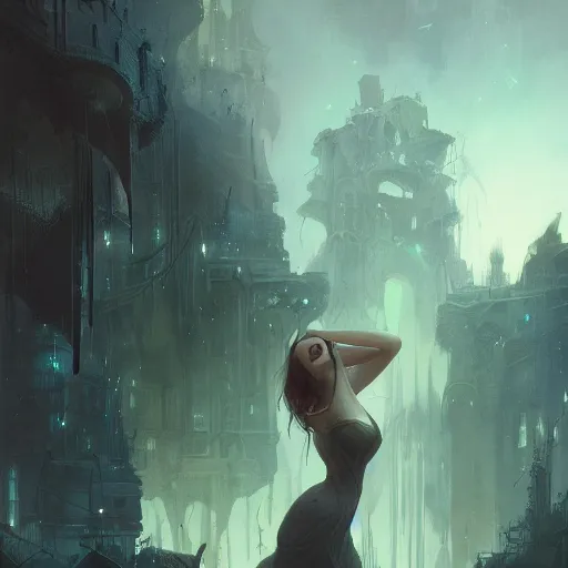 Image similar to a detailed illustration of a weeping woman against the background of a ravaged city and a dark moonlit sky, artstation, by Peter Mohrbacher, Art Nouveau, sophisticated, Unreal engine, dystopia, anti-utopia, post processing, nostalgic melancholic artwork, intricate