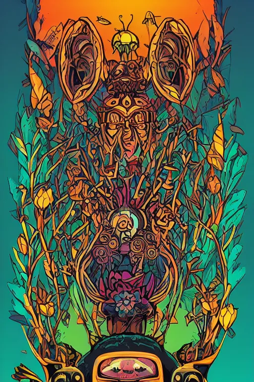 Image similar to animal mask totem roots flower tribal feather gemstone plant wood rock shaman vodoo video game vector cutout illustration vivid multicolor borderlands comics by josan gonzales and dan mumford radiating a glowing aura