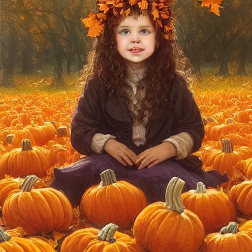 Image similar to a cute little girl with light brown wavy curly hair and blue eyes sitting amidst piles of pumpkins. beautiful cute highly detailed face. she is wearing a crown of autumn leaves. autumn and fall and halloween themed painting by artgerm and greg rutkowski and bouguereau.