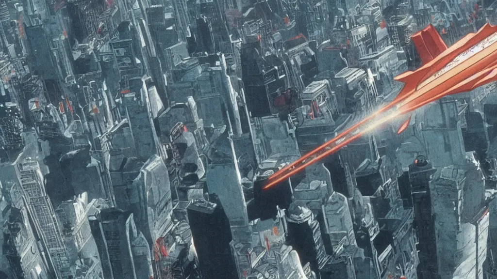 Image similar to a cell shaded cartoon movie still from akira ( 1 9 8 8 ) showing a spaceship from independence day ( 1 9 9 6 ) in the air above a city. very dull muted colors, hd, 4 k, hq