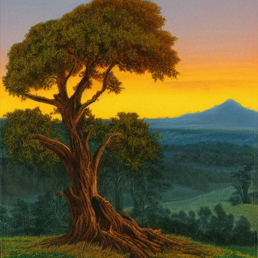 Image similar to a large-dead-oak atop a hill with a bright-sunset behind it by bob ross