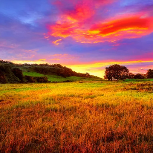 Prompt: a beautiful landscape photograph, orange sky and green grassland - 9