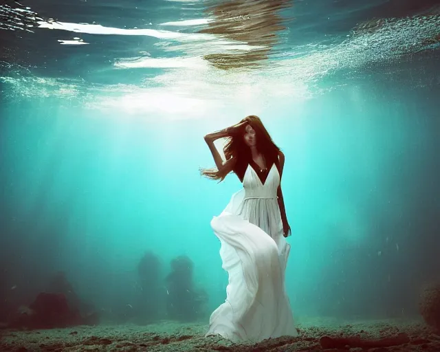 Prompt: beautiful female, full body, in long flowy dress, underwater, cinematic volumetric lighting, soft bokeh, glow, 8 k, by lexi laine, by wlop, by ross tran, fashion photography