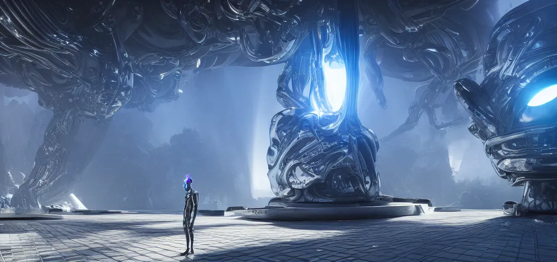 Prompt: dramatic surreal render of underground chrome alien base, looming chrome statue which emits a multicolored glow and lens flare, ambient occlusion, raytracing, unreal engine, dramatic lighting, detailed,, global illumination, 3 d artstation by george hull and neil blevins