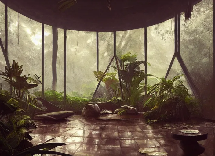 Image similar to a beautiful painting of the interior of a geodesic house in a moist tropical rainforest, living room, by greg rutkowski, realism, artstation, nature