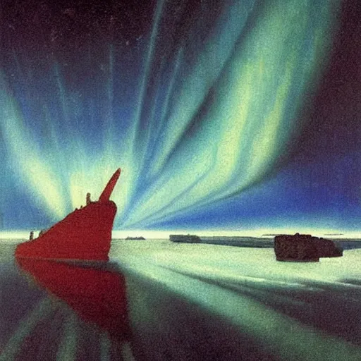 Image similar to the epic abstract painting'blue arctic void with black and red aurora borealis above a tiny inuit village ', by caspar david friedrich!!!, by rothko!!!, stunning masterpiece, trending on artstation