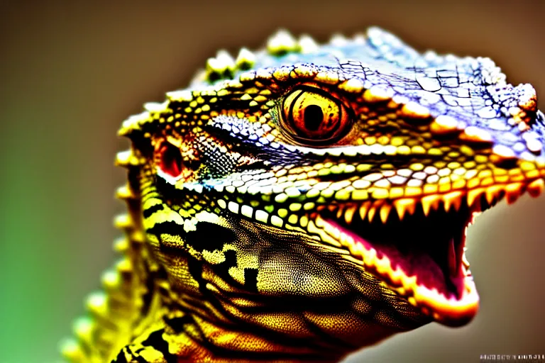 Prompt: angry lizard looking at the lens, full face, professional shooting, nation geographic style, many details, high quality, 8 k