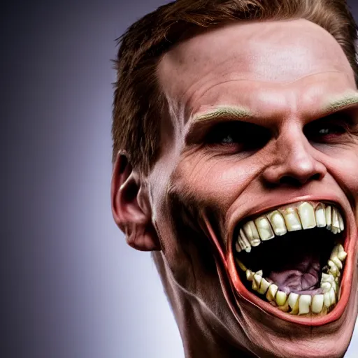 Image similar to Jerma985 with a wide smile, sinister looking, evil intent, horror, uncanny, detailed, high resolution, sharpened, close-up, professional photography, studio lighting, hyperrealistic, real life