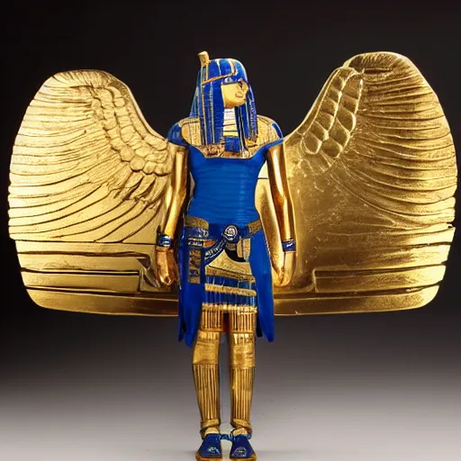 Image similar to female warrior with gold and blue Egyptian armour with golden wings