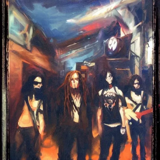 Prompt: greg manchess painting of an anime metal band photo, direct flash photography at night, film grain