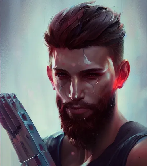 Image similar to « a portrait of a muscular cyberpunk male warrior, short beard, a digital painting by charlie bowater, featured on cgsociety, fantasy art, behance hd, wiccan, artstation hd »