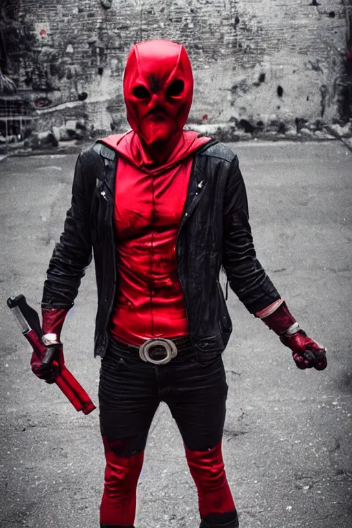 Prompt: red hood cosplay, creepy, disturbing, bloody, darkness, grainy, urban
