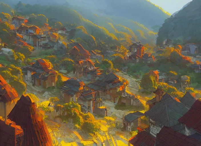 Image similar to concept art painting of a small village in a valley seen from above, european japanese buildings, early morning, cel shaded, by makoto shinkai and moebius and anton fadeev and james gurney