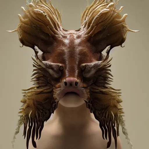 Image similar to a high resolution photo of a head animal morphing creature, long hair gills morph scales merged in fur skin, wrinkled hairy muscles skin, veins merged feet head, normal map, displacement map, distorted animal head face eyes arms tail, reflection map,