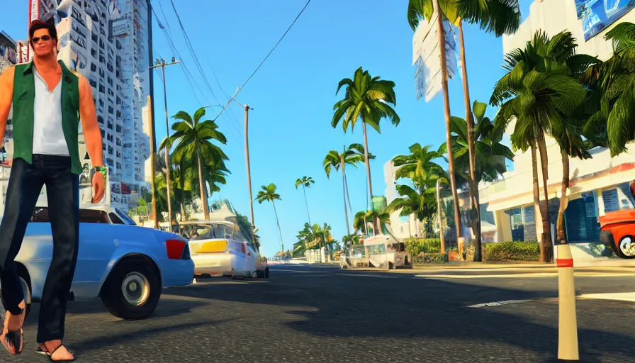 Image similar to in the streets of miami in the style of gtav, full - frame of tommy vercetti, wearing a hawaiian - shirt, as a character from gtav, looking at camera