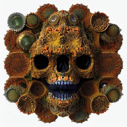 Prompt: fractal golden skull face with an afro made of flowers, third eye art art by machina infinitum, infinite intricacy, rendered in octane, mandelbulb 3 d, ambient occlusion, macro photography, black opal